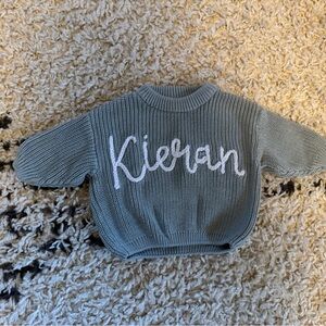 Baby “Kieran” Gray Knit Sweater with White Script